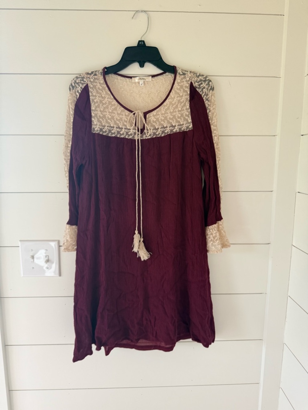 ANDREE BY UNIT Burgundy Long-Sleeve Lace Yoke Dress with Tassel Tie
